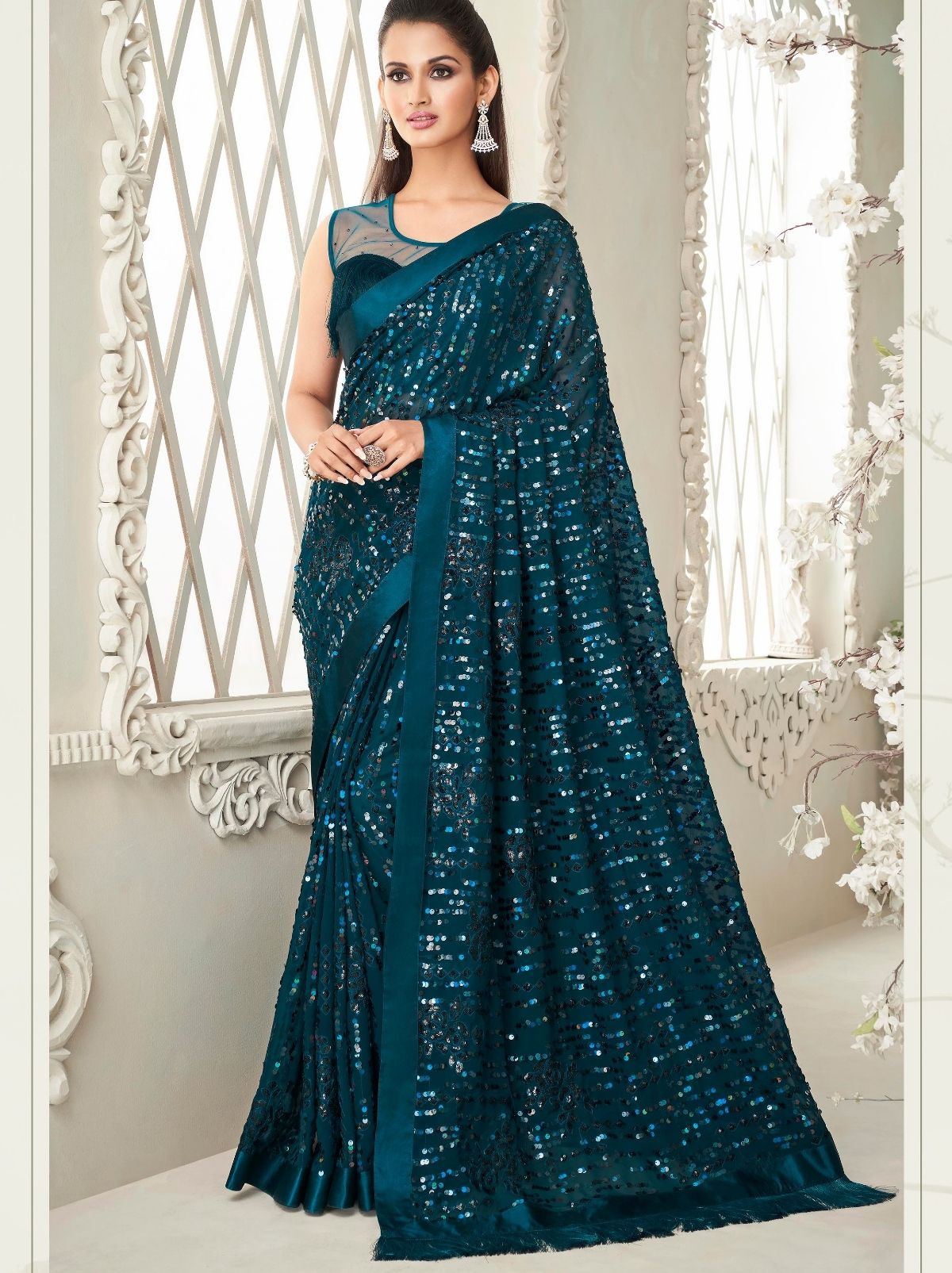 Buy Lovely Teal Blue Sequins chinon Designer Saree From Zeel Clothing